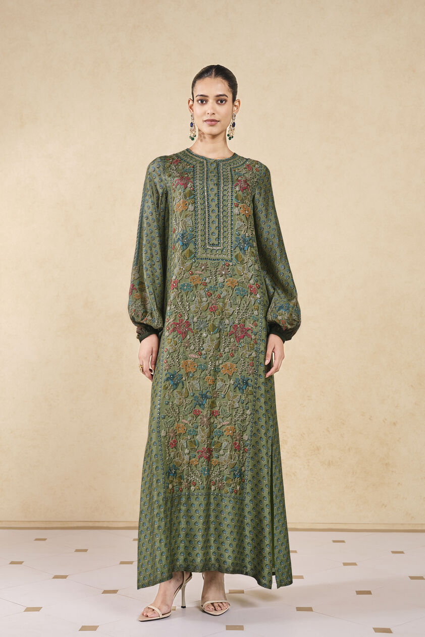 Eman Printed Silk Kaftan - Sage, Sage, image 1